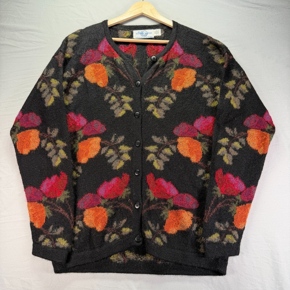 The Sweater Venture Sweater Womens Large Grandma Floral Alpaca Fuzzy Hand Knit